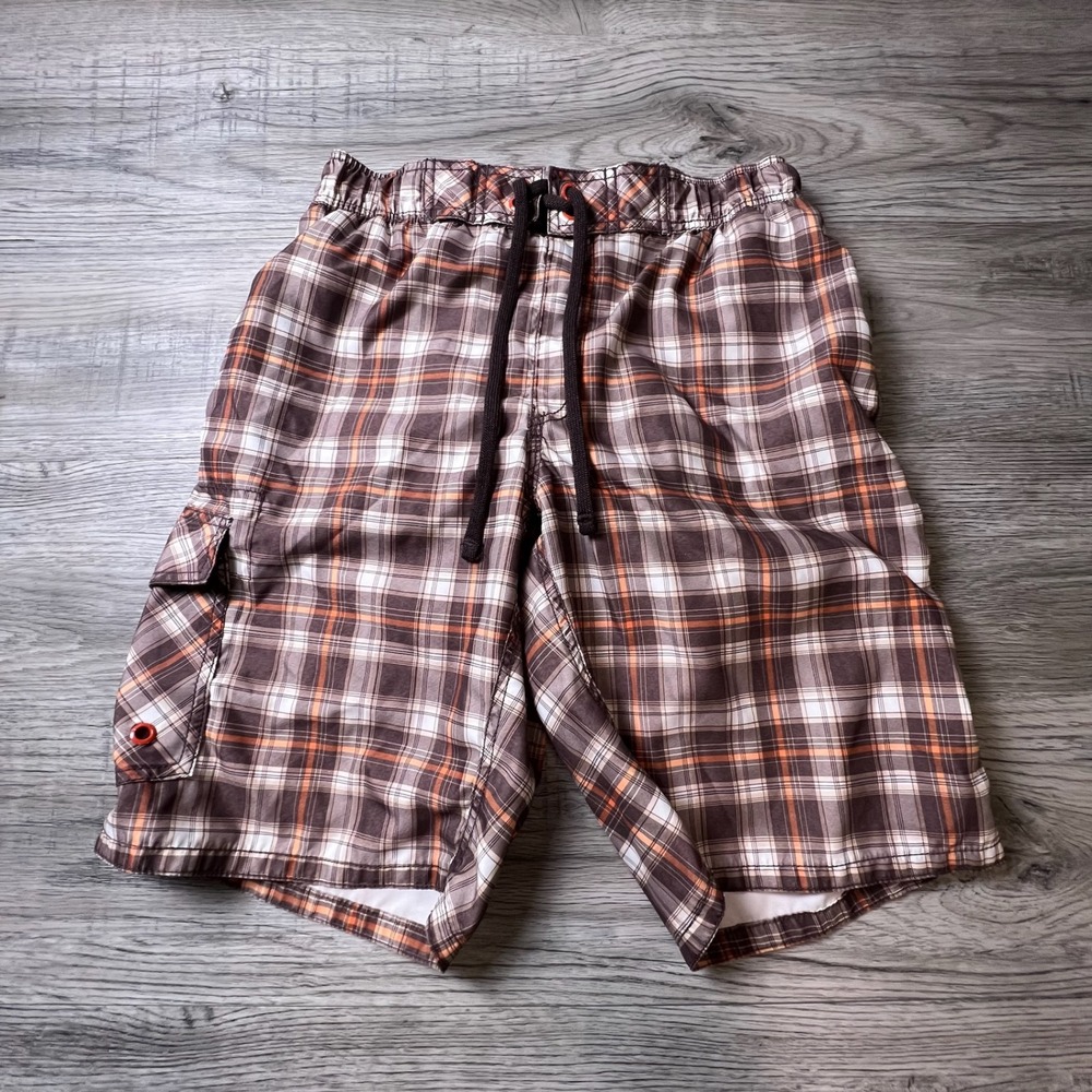 Old Navy Board Shorts Mens Medium Brown Orange Plaid Cargo Swim Trunks SPR09